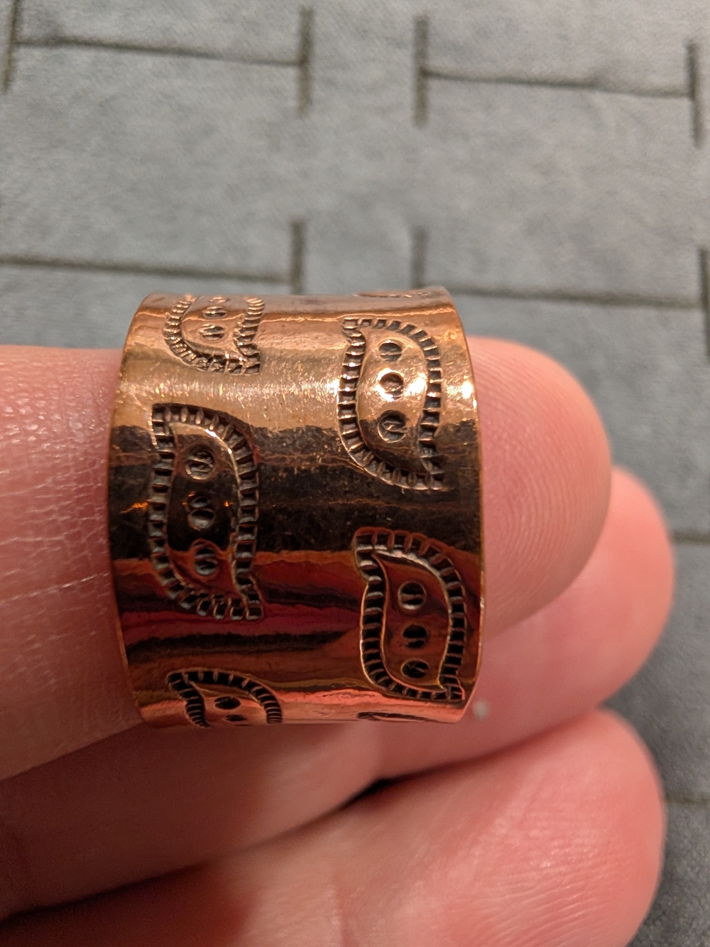 Copper Wide Band Ring with Textured Paisley Motif